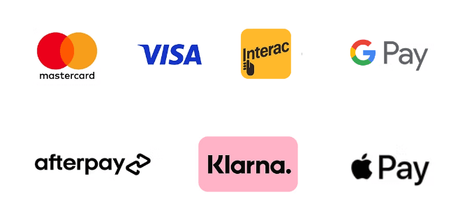 Payment options: Mastercard, Visa, Interac, Google Pay, Afterpay, Klarna, and Apple Pay